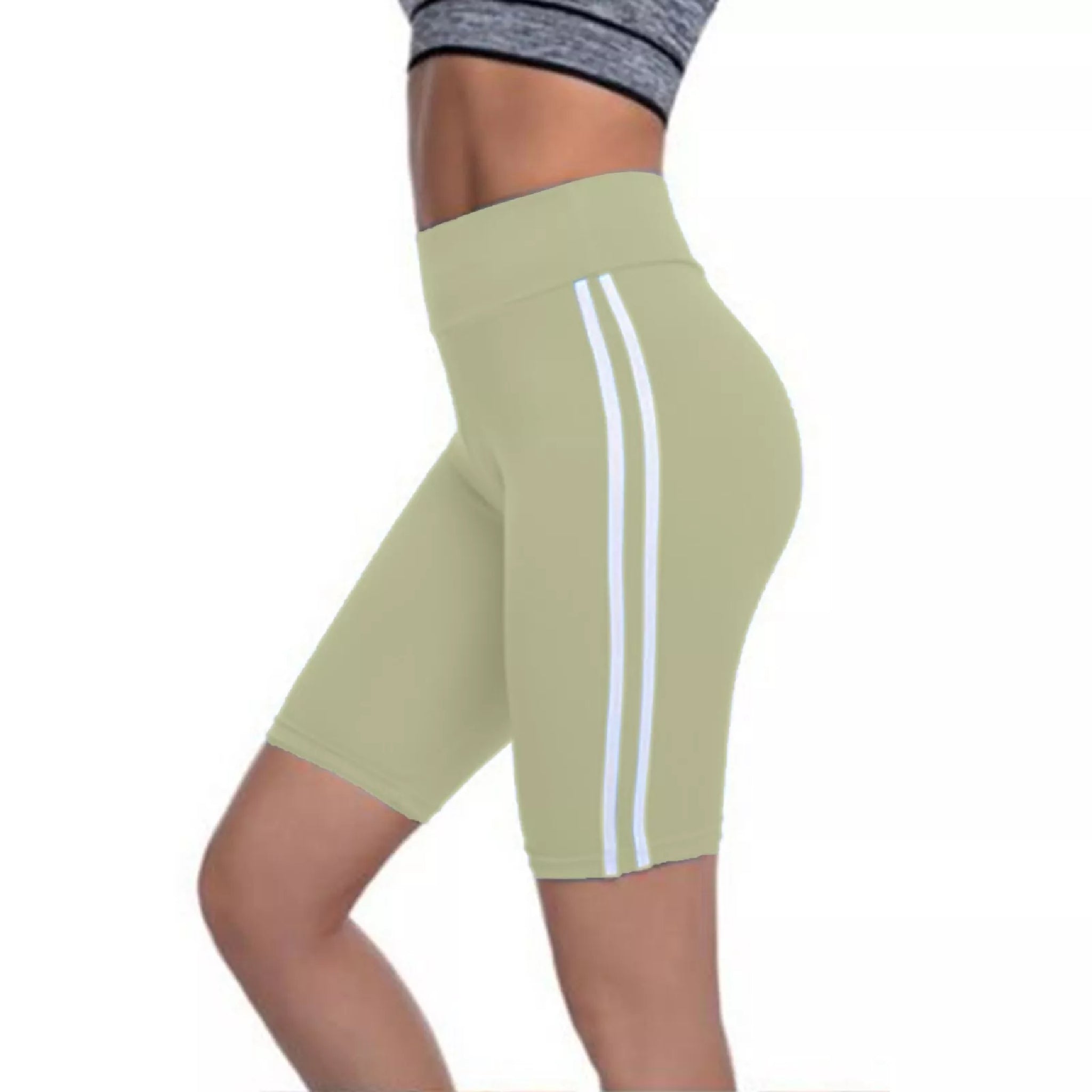 Ladies plus size high-waisted cycling shorts – striped side panel in mint green